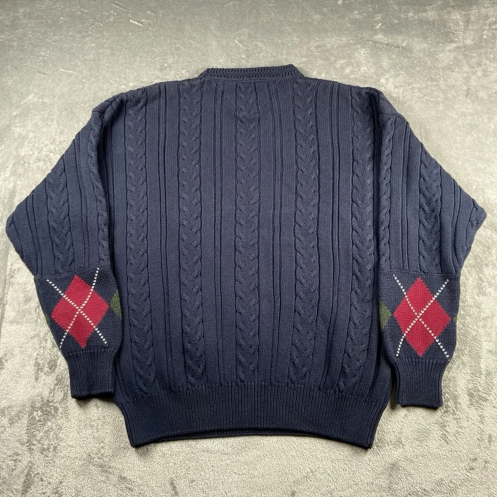 Vintage Woods & Gray Sweater Mens XL Blue Cable Knit Argyle Preppy‎ Heavy Cotton
